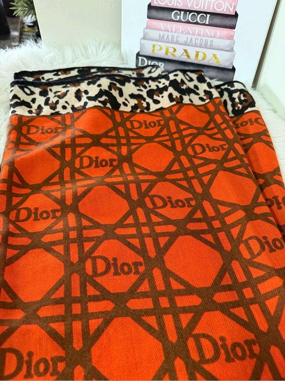 Dior Orange and Brown Logo Pattern Wool/Silk/Cashmere blend Scarf.